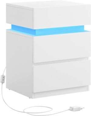 Sengebord, med Justerbar Flerfarvet Led-strimmel, 3 Skuffer, Sidebord i Moderne Stil, 35 X 40 X 55 Cm, Hvid Let630t10