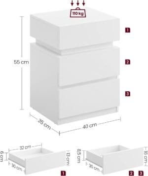 Sengebord, med Justerbar Flerfarvet Led-strimmel, 3 Skuffer, Sidebord i Moderne Stil, 35 X 40 X 55 Cm, Hvid Let630t10 - Image 4
