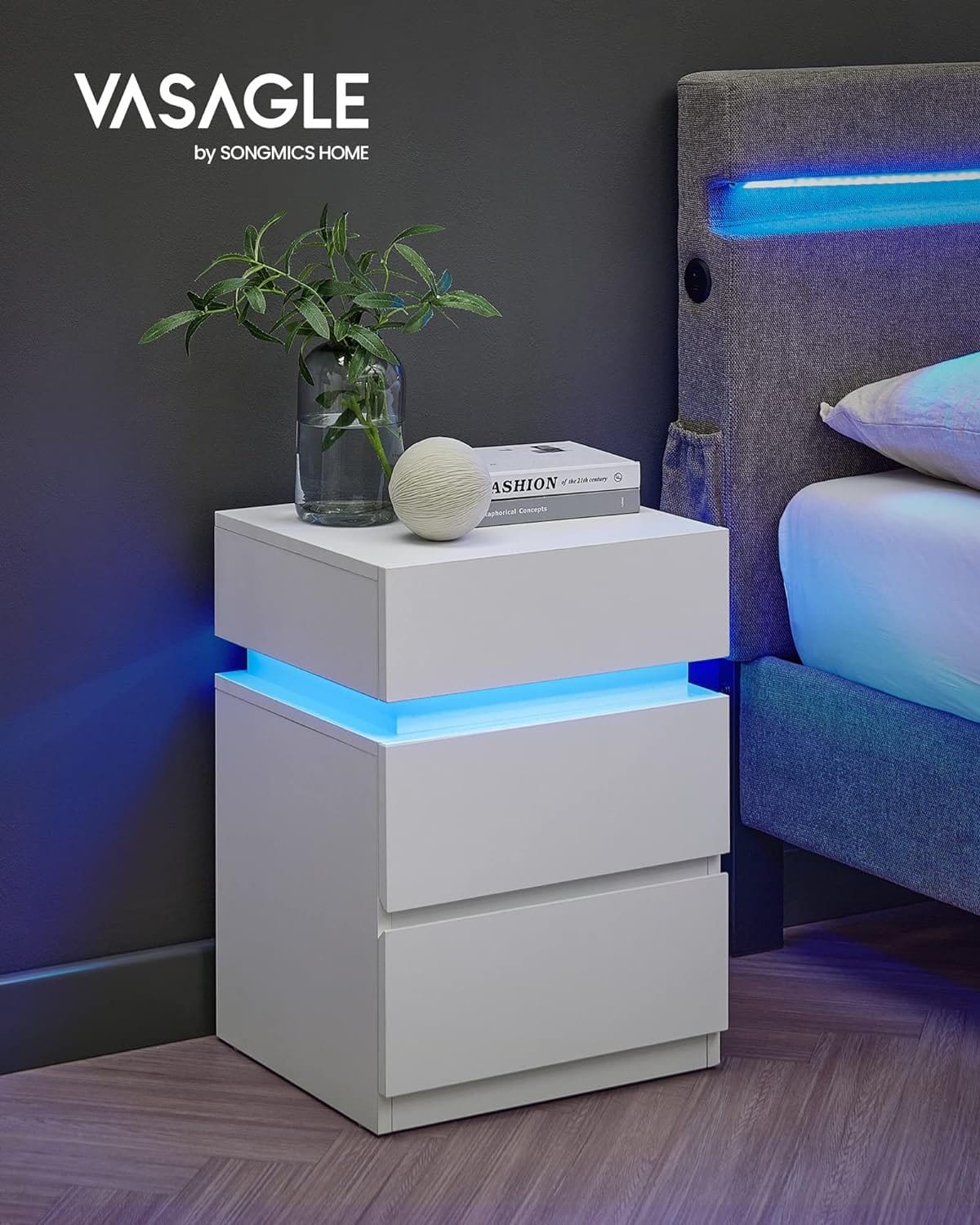 Sengebord, med Justerbar Flerfarvet Led-strimmel, 3 Skuffer, Sidebord i Moderne Stil, 35 X 40 X 55 Cm, Hvid Let630t10 5 Sengebord, med Justerbar Flerfarvet Led-strimmel, 3 Skuffer, Sidebord i Moderne Stil, 35 X 40 X 55 Cm, Hvid Let630t10 - Billede 5