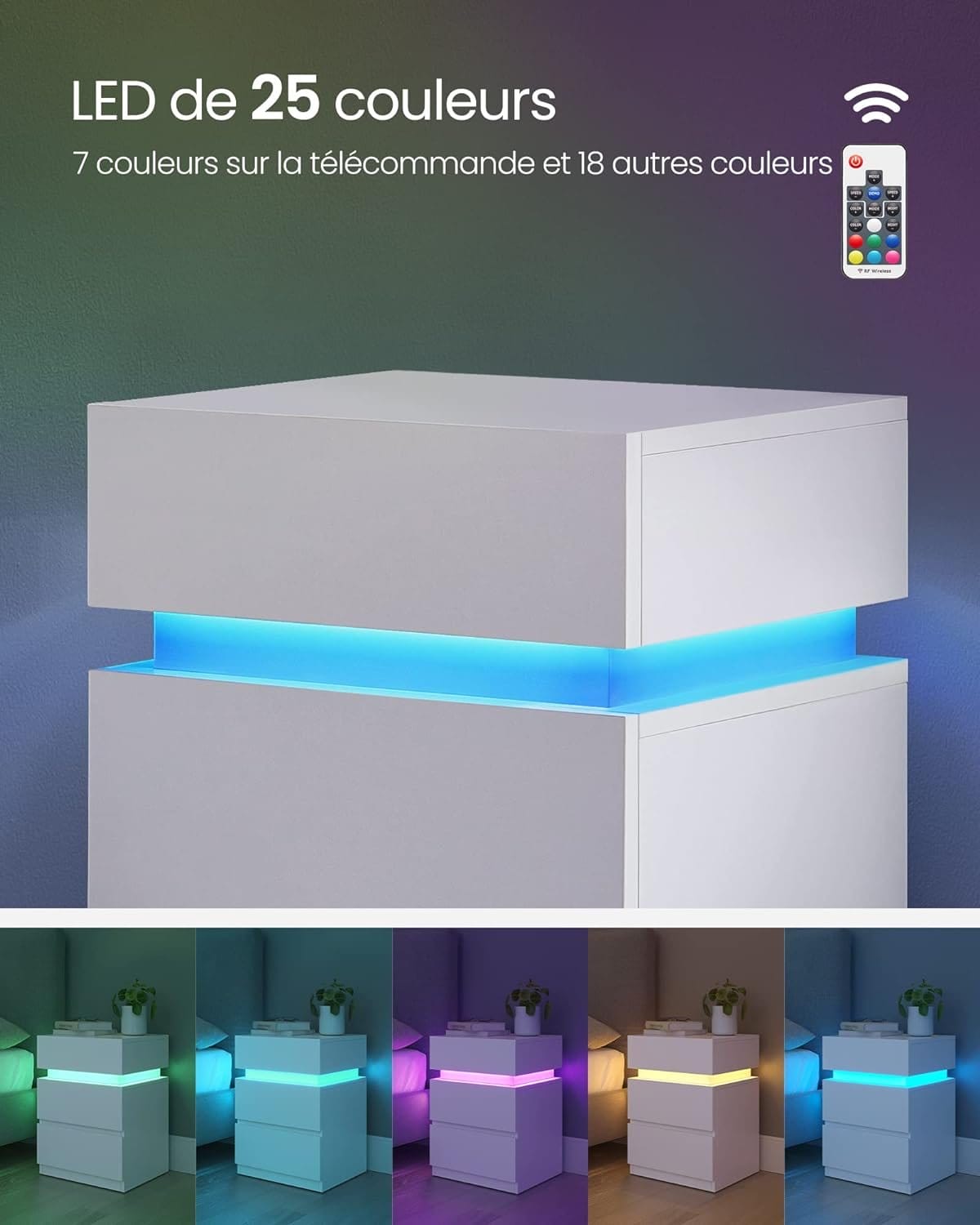 Sengebord, med Justerbar Flerfarvet Led-strimmel, 3 Skuffer, Sidebord i Moderne Stil, 35 X 40 X 55 Cm, Hvid Let630t10 6 Sengebord, med Justerbar Flerfarvet Led-strimmel, 3 Skuffer, Sidebord i Moderne Stil, 35 X 40 X 55 Cm, Hvid Let630t10 - Billede 6