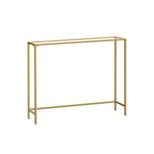 Konsolbord, indgangsbord, sengebord, hærdet glasplade, metalstel, lys guld og gennemsigtig