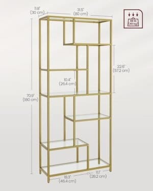 Bogreol, 6-lags høj, displayhylde, 30 x 80 x 180 cm, stue, soveværelse, køkken, metallisk guld - Image 5