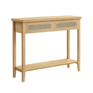 Konsolbord til Entre, Slankt Sofabord til Stue, Gangbord med 2 Skuffer, Åben Hylde, Afrundede Hjørner, Boho Stil, Eg Beige