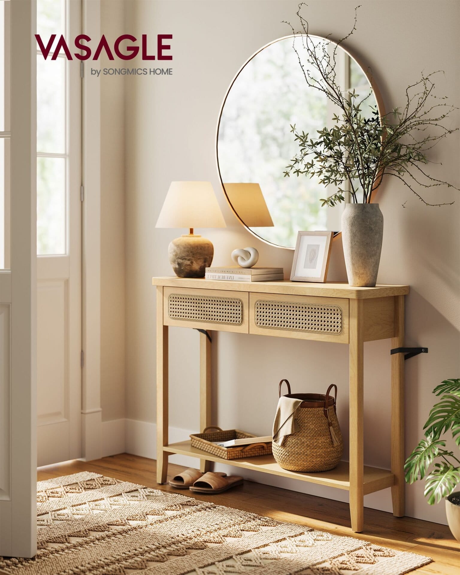 Konsolbord til Entre, Slankt Sofabord til Stue, Gangbord med 2 Skuffer, Åben Hylde, Afrundede Hjørner, Boho Stil, Eg Beige 2 Konsolbord til Entre, Slankt Sofabord til Stue, Gangbord med 2 Skuffer, Åben Hylde, Afrundede Hjørner, Boho Stil, Eg Beige - Billede 2