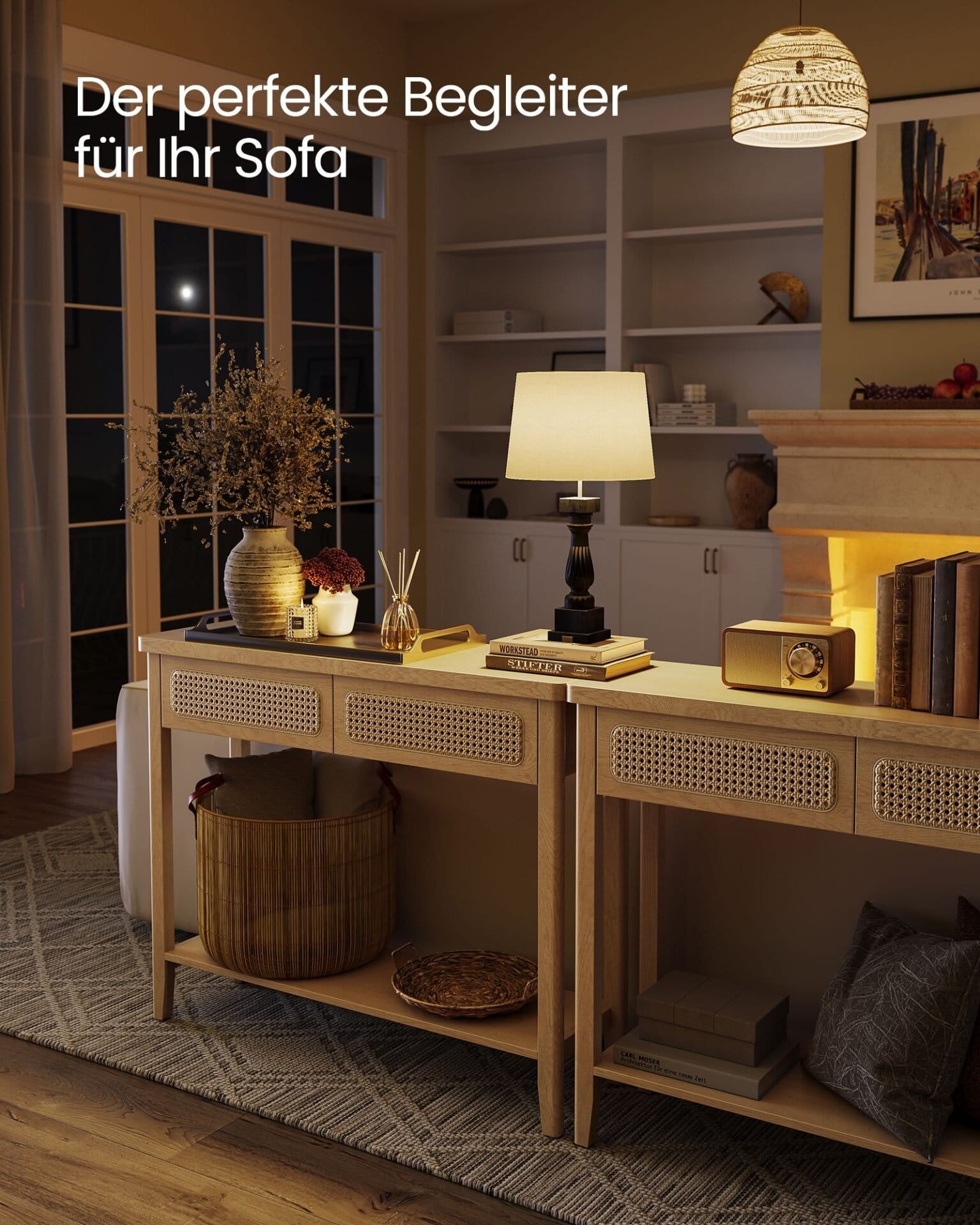 Konsolbord til Entre, Slankt Sofabord til Stue, Gangbord med 2 Skuffer, Åben Hylde, Afrundede Hjørner, Boho Stil, Eg Beige 3 Konsolbord til Entre, Slankt Sofabord til Stue, Gangbord med 2 Skuffer, Åben Hylde, Afrundede Hjørner, Boho Stil, Eg Beige - Billede 3