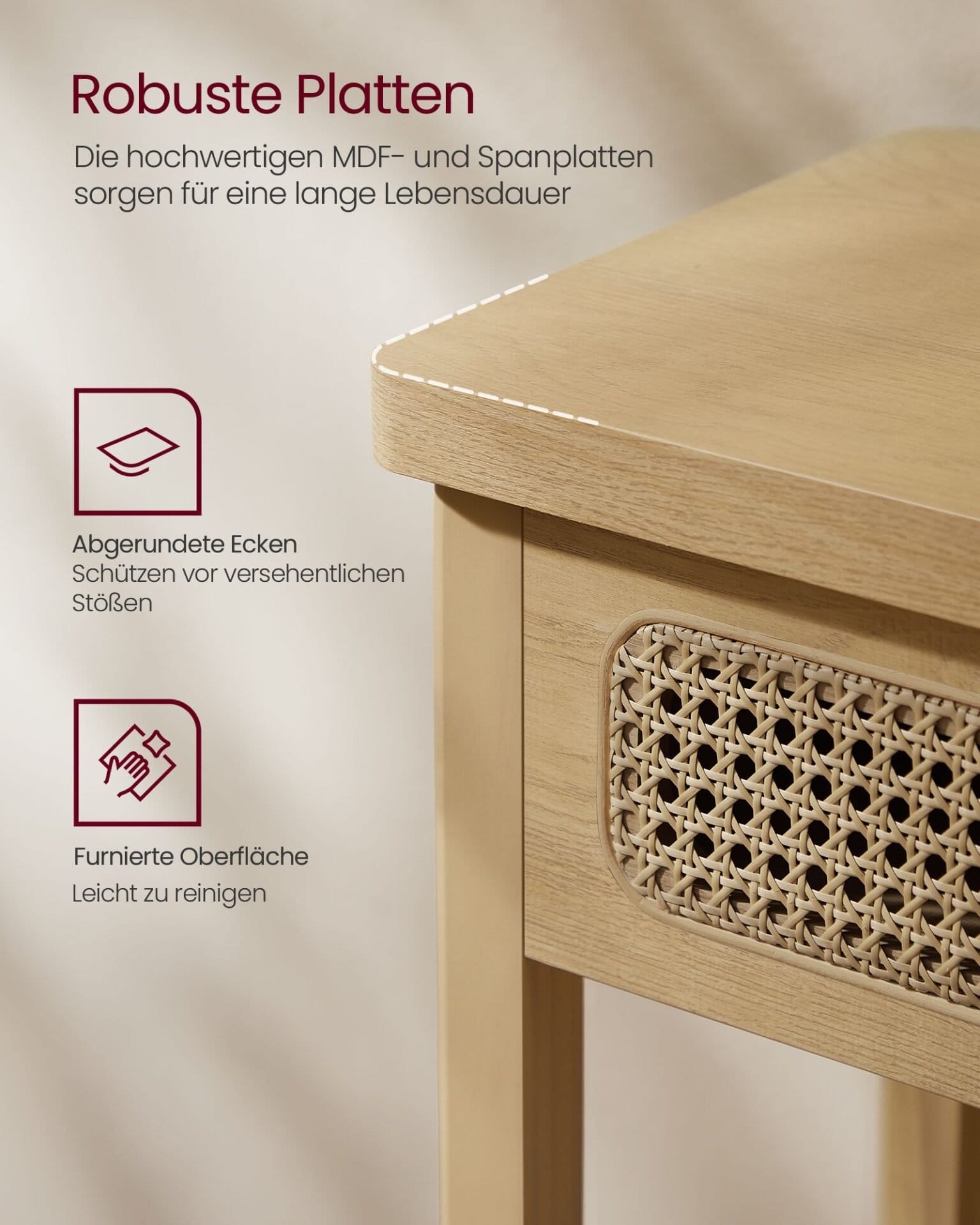 Konsolbord til Entre, Slankt Sofabord til Stue, Gangbord med 2 Skuffer, Åben Hylde, Afrundede Hjørner, Boho Stil, Eg Beige 4 Konsolbord til Entre, Slankt Sofabord til Stue, Gangbord med 2 Skuffer, Åben Hylde, Afrundede Hjørner, Boho Stil, Eg Beige - Billede 4