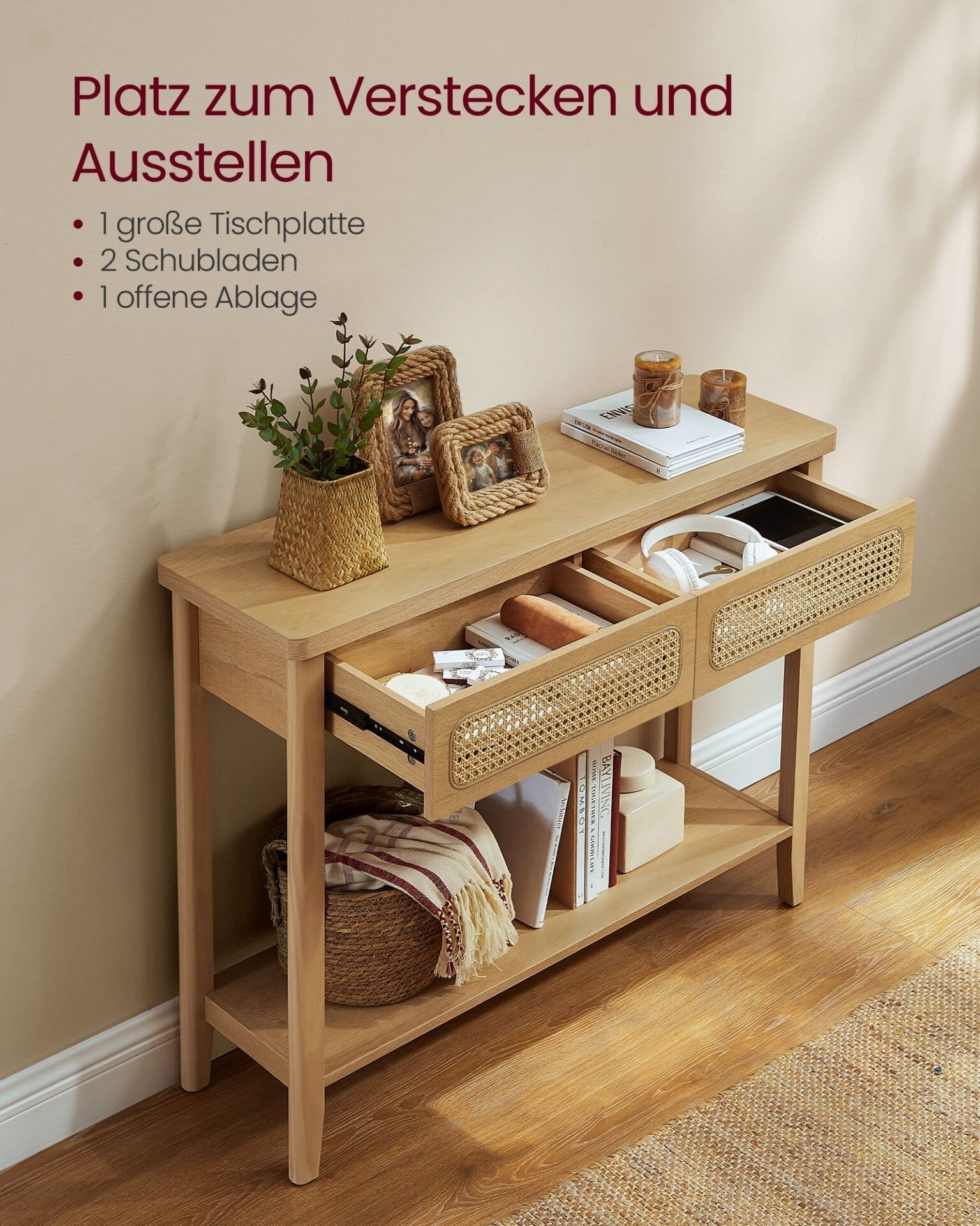 Konsolbord til Entre, Slankt Sofabord til Stue, Gangbord med 2 Skuffer, Åben Hylde, Afrundede Hjørner, Boho Stil, Eg Beige 5 Konsolbord til Entre, Slankt Sofabord til Stue, Gangbord med 2 Skuffer, Åben Hylde, Afrundede Hjørner, Boho Stil, Eg Beige - Billede 5