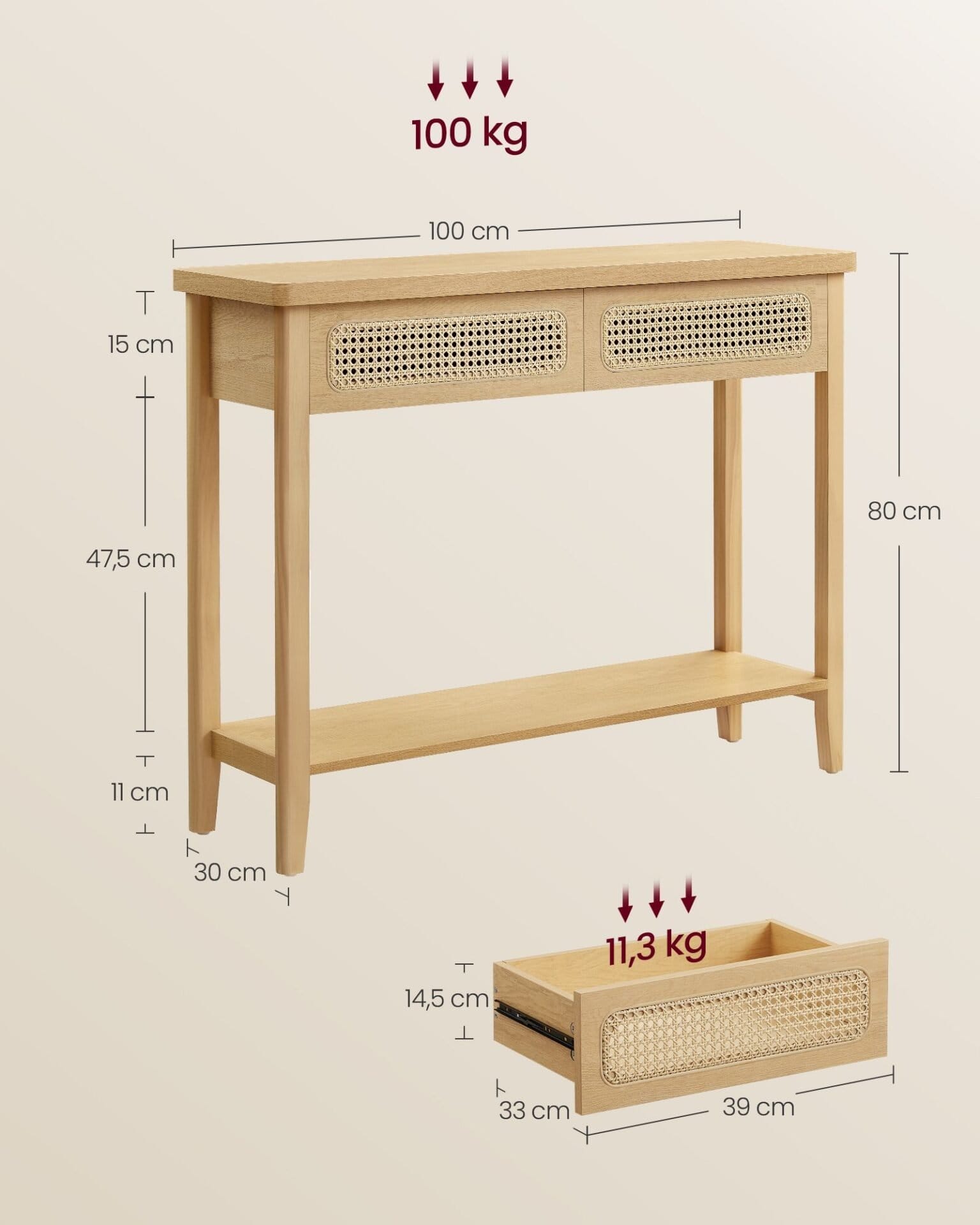 Konsolbord til Entre, Slankt Sofabord til Stue, Gangbord med 2 Skuffer, Åben Hylde, Afrundede Hjørner, Boho Stil, Eg Beige 6 Konsolbord til Entre, Slankt Sofabord til Stue, Gangbord med 2 Skuffer, Åben Hylde, Afrundede Hjørner, Boho Stil, Eg Beige - Billede 6