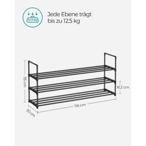 3-lags Skostativ, Skoopbevaringsorganer, Metalopbevaringsstativ, 116 X 30 X 55 Cm, Sort - Image 6