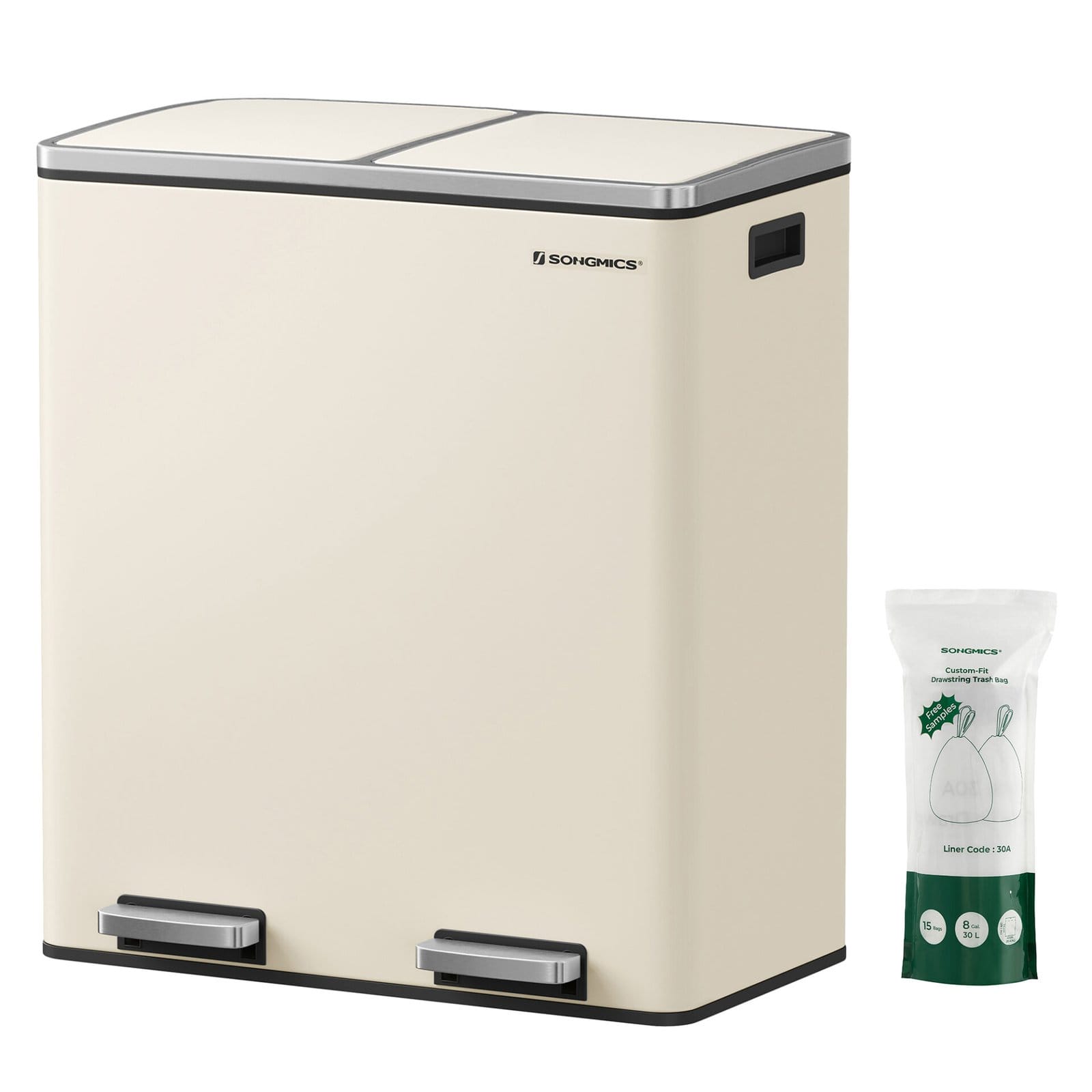 Dobbeltrum 2 X 30 L Skraldespand med 2 Skraldeposer, Metalfodpedaler, Creme 2 Dobbeltrum 2 X 30 L Skraldespand med 2 Skraldeposer, Metalfodpedaler, Creme - Billede 2