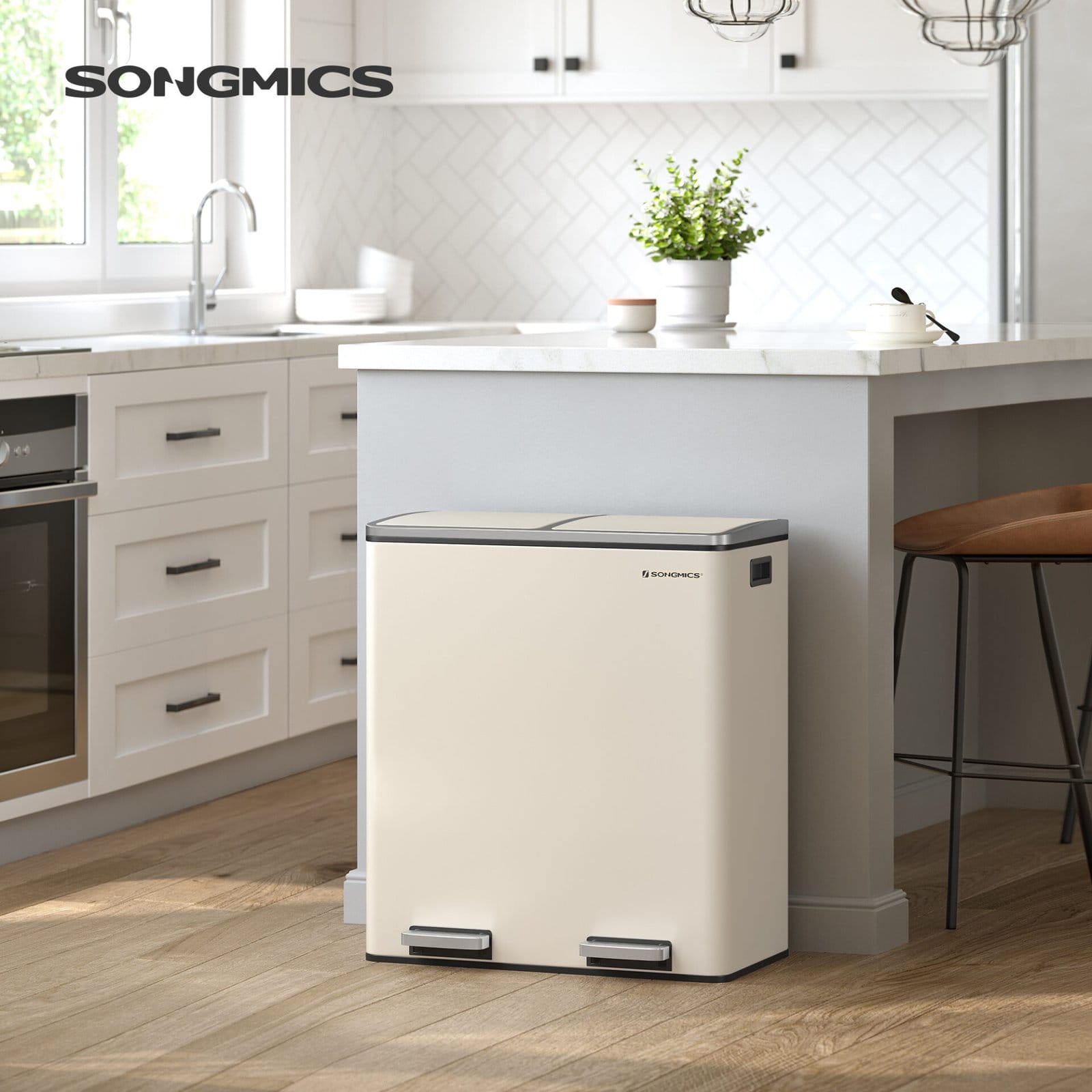 Dobbeltrum 2 X 30 L Skraldespand med 2 Skraldeposer, Metalfodpedaler, Creme 3 Dobbeltrum 2 X 30 L Skraldespand med 2 Skraldeposer, Metalfodpedaler, Creme - Billede 3