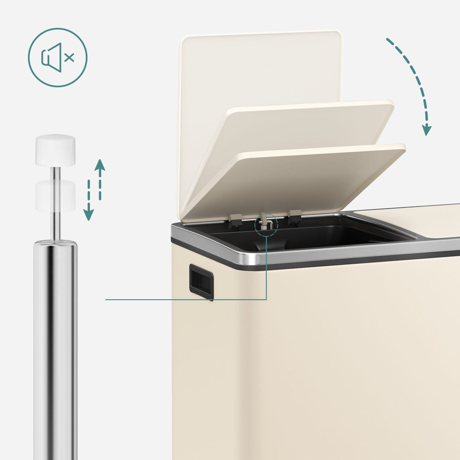 Dobbeltrum 2 X 30 L Skraldespand med 2 Skraldeposer, Metalfodpedaler, Creme 4 Dobbeltrum 2 X 30 L Skraldespand med 2 Skraldeposer, Metalfodpedaler, Creme - Billede 4