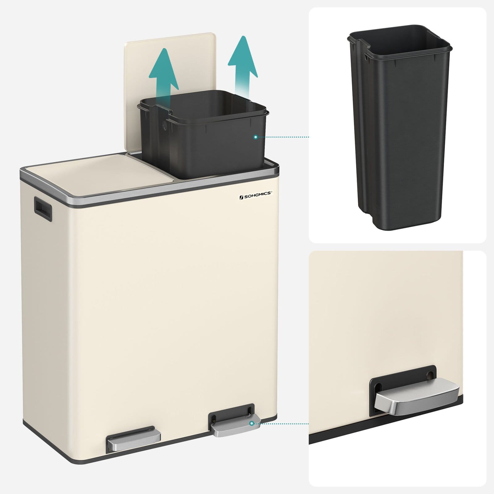 Dobbeltrum 2 X 30 L Skraldespand med 2 Skraldeposer, Metalfodpedaler, Creme 5 Dobbeltrum 2 X 30 L Skraldespand med 2 Skraldeposer, Metalfodpedaler, Creme - Billede 5