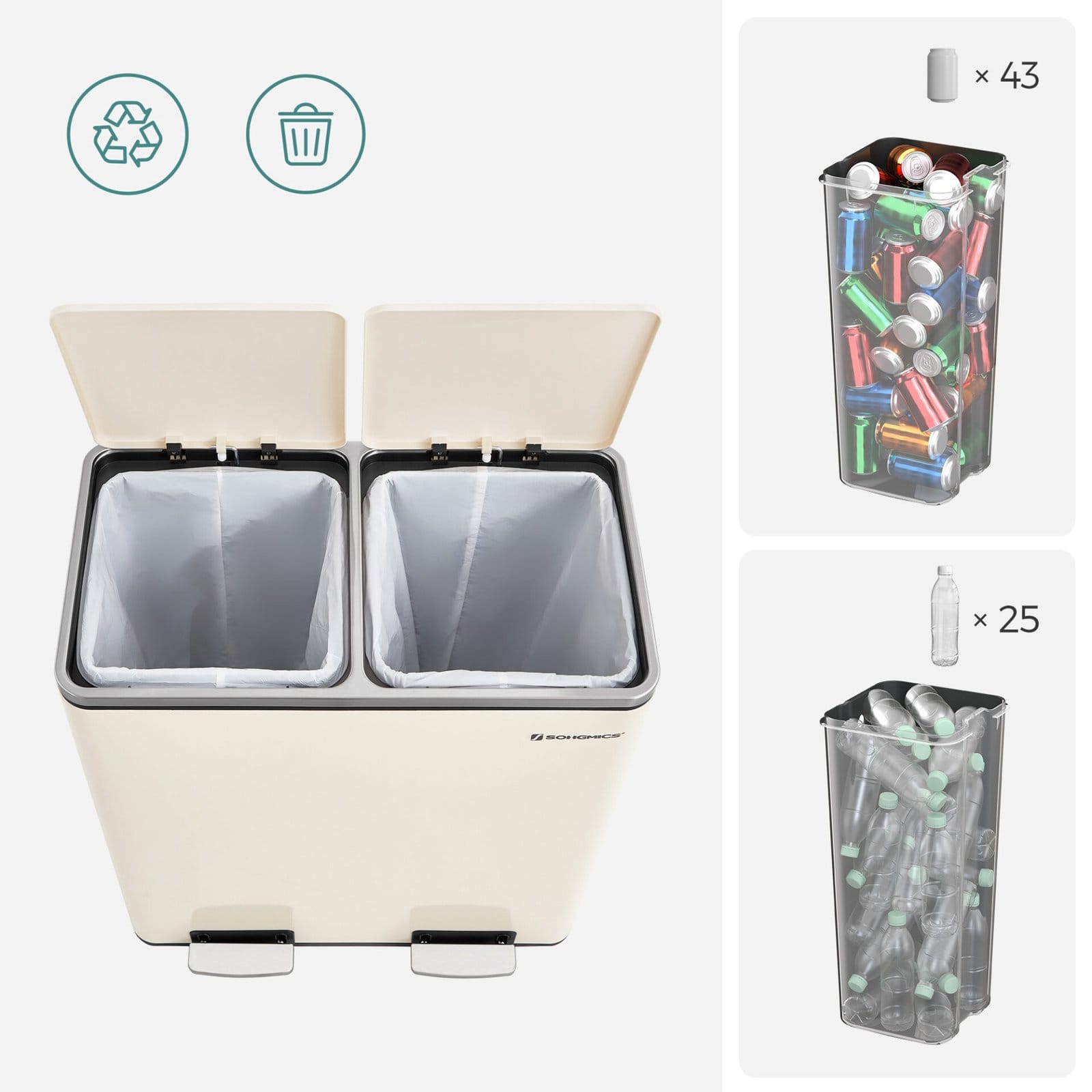 Dobbeltrum 2 X 30 L Skraldespand med 2 Skraldeposer, Metalfodpedaler, Creme 6 Dobbeltrum 2 X 30 L Skraldespand med 2 Skraldeposer, Metalfodpedaler, Creme - Billede 6