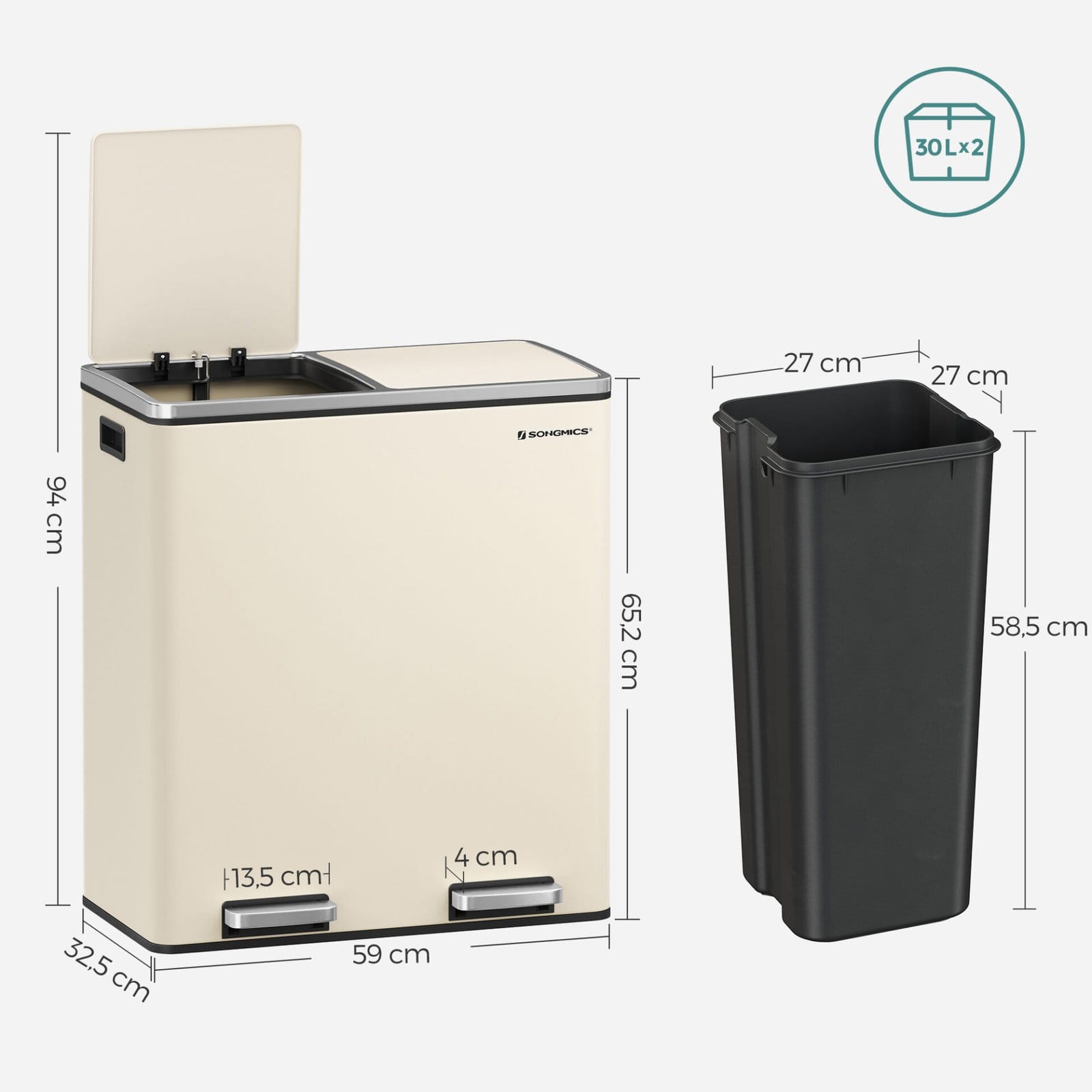 Dobbeltrum 2 X 30 L Skraldespand med 2 Skraldeposer, Metalfodpedaler, Creme 7 Dobbeltrum 2 X 30 L Skraldespand med 2 Skraldeposer, Metalfodpedaler, Creme - Billede 7