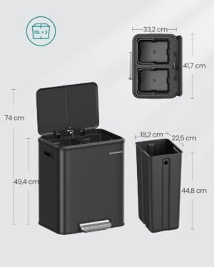 Skraldespandssortering 2 X 15 L med Låg, Køkken- og Stueaffaldsbeholder, Vandret Type, Kraftig - Billede 5