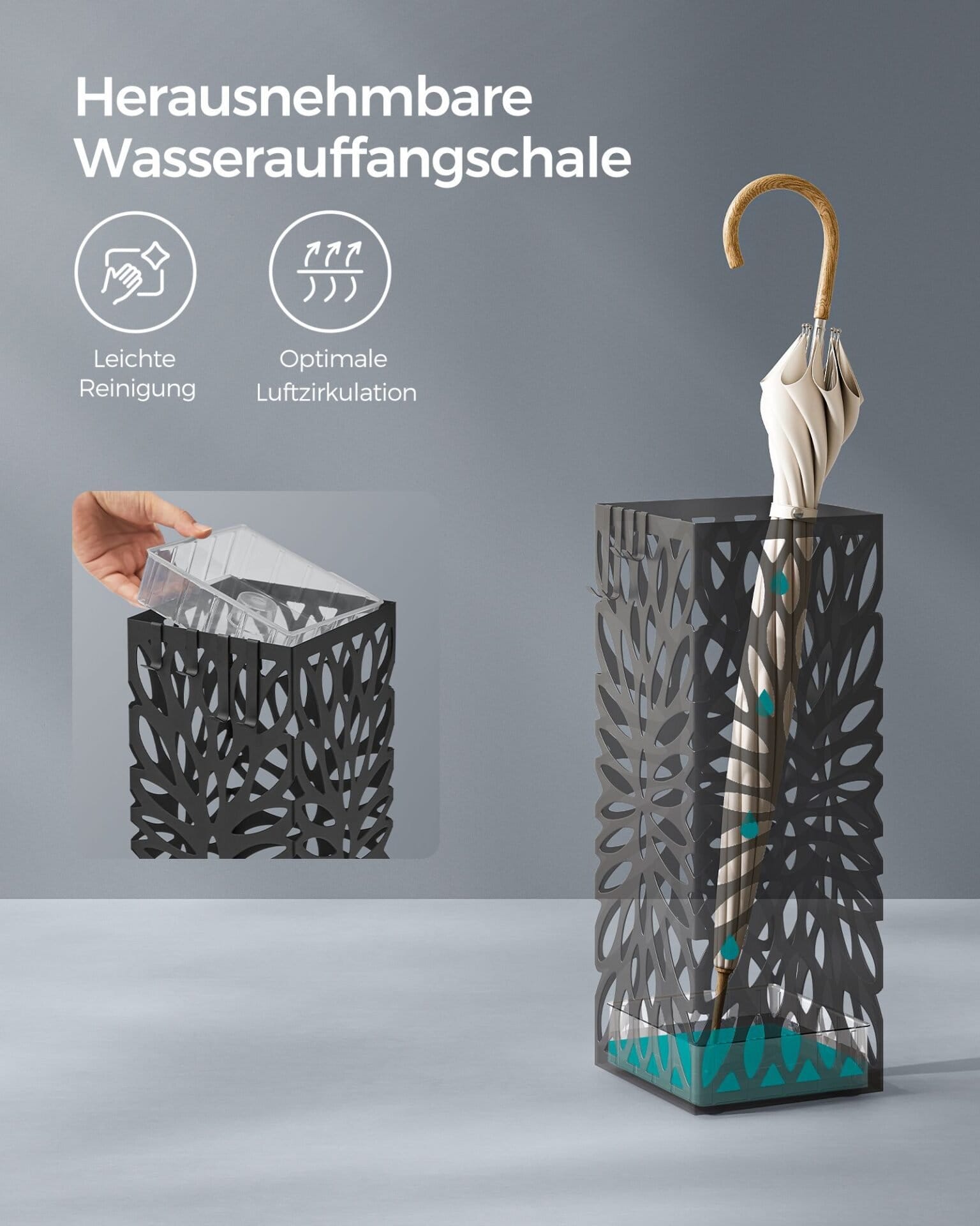 Paraplyholder til Entré, Firkantet Paraplystativ i Stål, Fritstående, 4 Kroge, Sort 4 Paraplyholder til Entré, Firkantet Paraplystativ i Stål, Fritstående, 4 Kroge, Sort - Billede 4