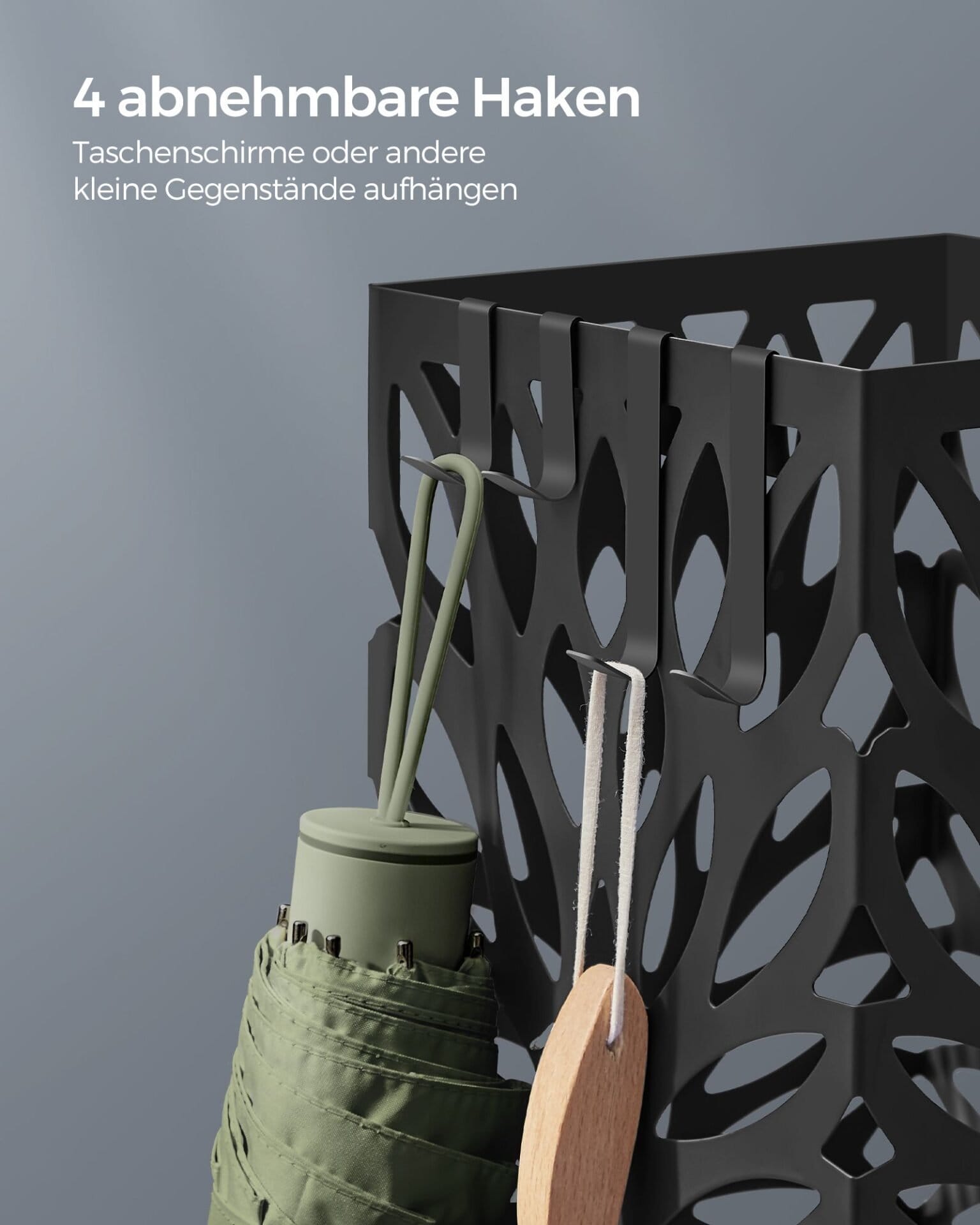Paraplyholder til Entré, Firkantet Paraplystativ i Stål, Fritstående, 4 Kroge, Sort 5 Paraplyholder til Entré, Firkantet Paraplystativ i Stål, Fritstående, 4 Kroge, Sort - Billede 5