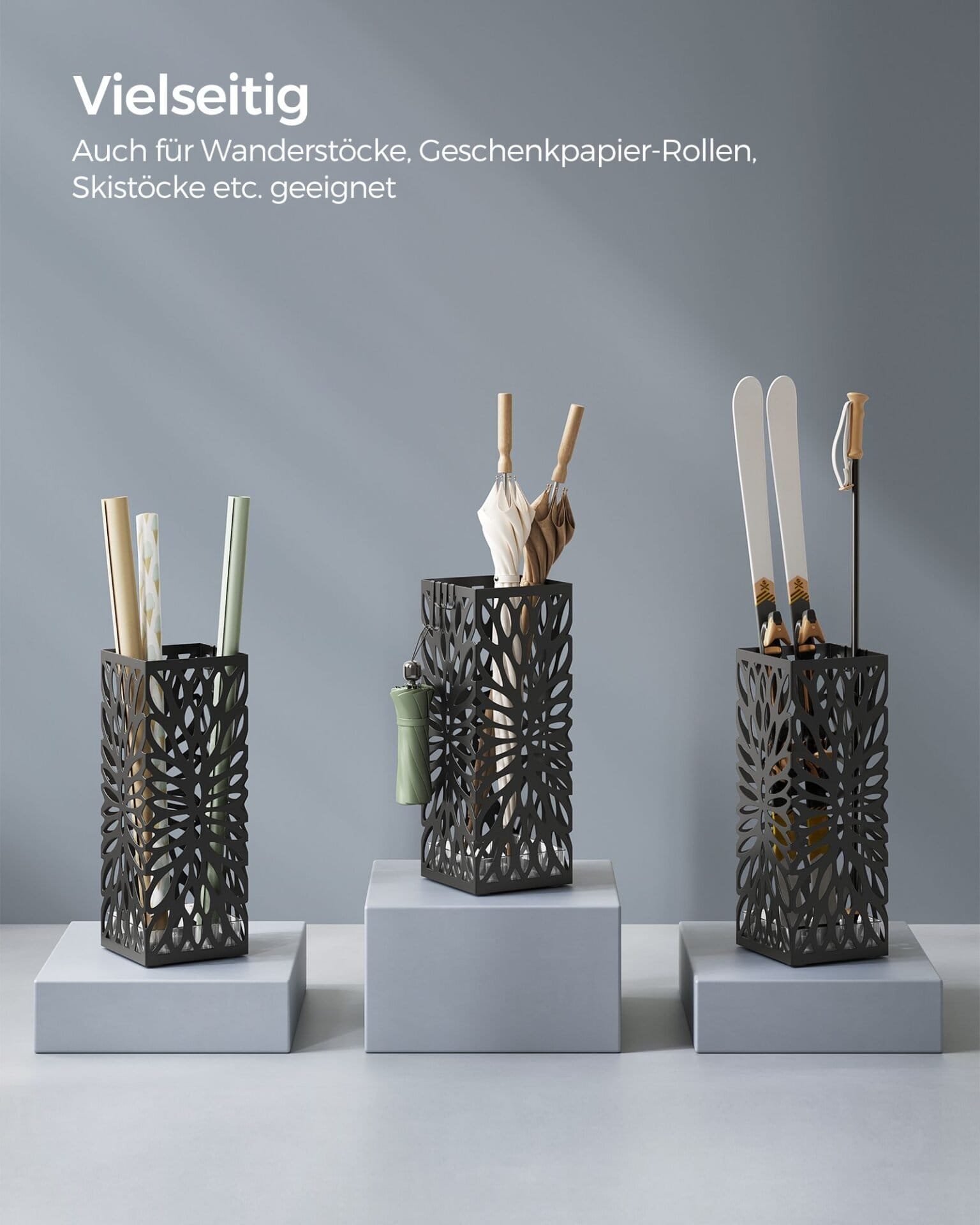 Paraplyholder til Entré, Firkantet Paraplystativ i Stål, Fritstående, 4 Kroge, Sort 7 Paraplyholder til Entré, Firkantet Paraplystativ i Stål, Fritstående, 4 Kroge, Sort - Billede 7
