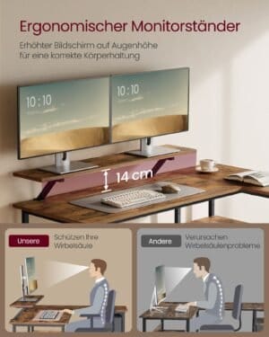 L-formet skrivebord med 2 rummelige skuffer, spillebord, til hjemmekontor, rustik brun - Image 5