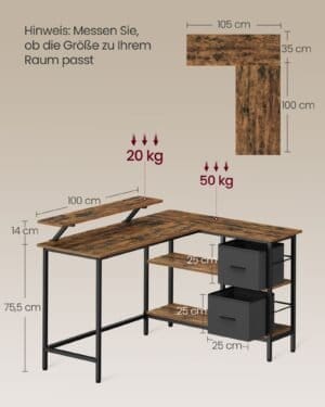 L-formet skrivebord med 2 rummelige skuffer, spillebord, til hjemmekontor, rustik brun - Image 6