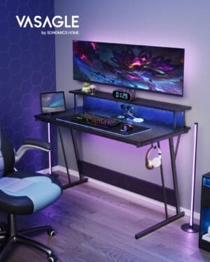 Spillebord med led, gamerbord, computerbord med skærmforhøjer, til 2 computere, klassisk sort - Image 2
