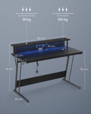 Spillebord med led, gamerbord, computerbord med skærmforhøjer, til 2 computere, klassisk sort - Image 5