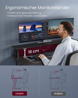 Spillebord med led, gamerbord, computerbord med skærmforhøjer, til 2 computere, klassisk sort - Image 6