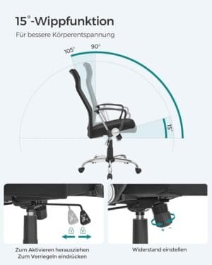 Kontorstol, ergonomisk drejestol, polstret sæde, stofbetræk, justerbar og vipbar - Image 5