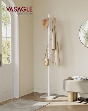 VASAGLE Coat Rack, Solid Wood Coat Stand, Free Standing Hall Coat Tree with 8 Hooks for Coats, Hats, Bags, Purses, for Entryway, Hallway, Rubberwood Hooks and Pole, Cappuccino Beige RCR010K01 - Image 2