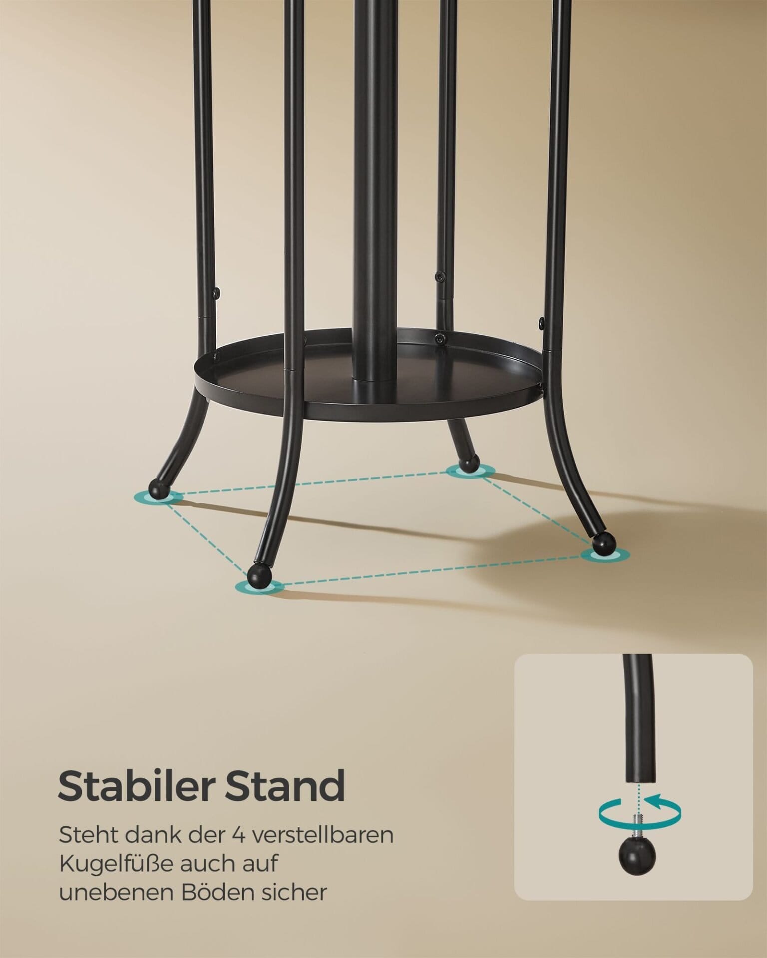 Fritstående tøjbøjle, tøjstativ med paraplyholder, 12 kroge, metal, 175 cm høj, blæk sort 4 Fritstående tøjbøjle, tøjstativ med paraplyholder, 12 kroge, metal, 175 cm høj, blæk sort - Billede 4