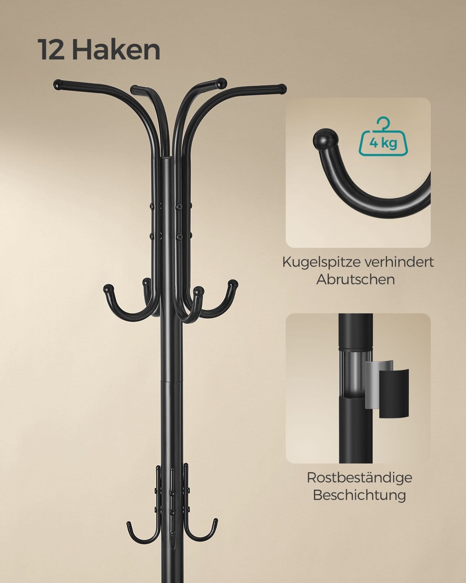 Fritstående tøjbøjle, tøjstativ med paraplyholder, 12 kroge, metal, 175 cm høj, blæk sort 5 Fritstående tøjbøjle, tøjstativ med paraplyholder, 12 kroge, metal, 175 cm høj, blæk sort - Billede 5