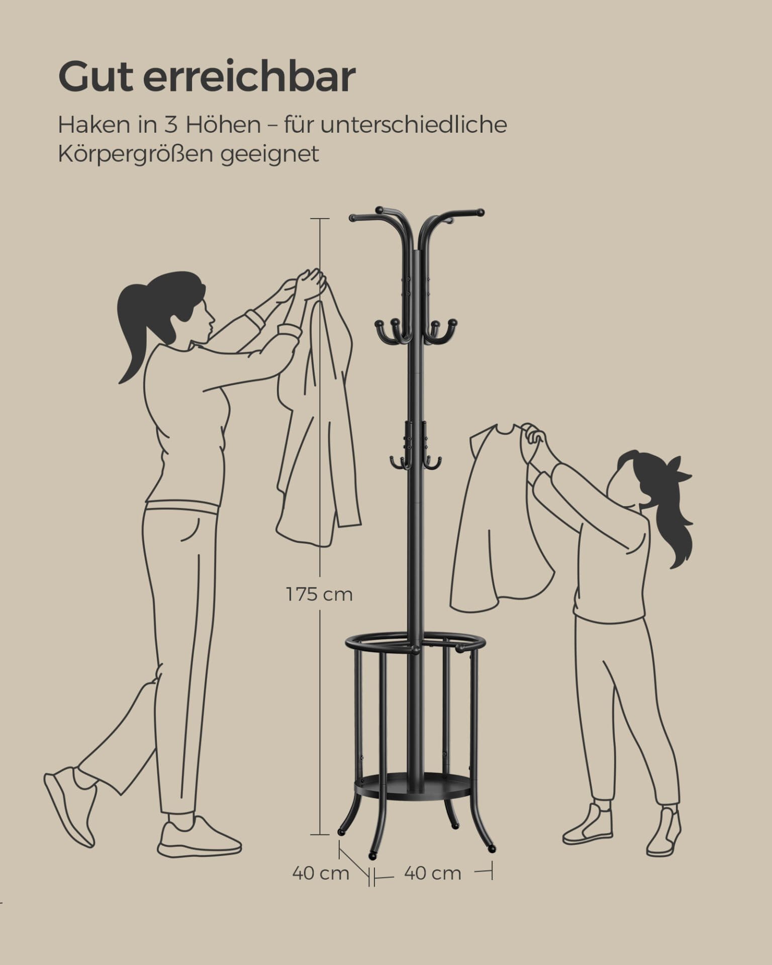 Fritstående tøjbøjle, tøjstativ med paraplyholder, 12 kroge, metal, 175 cm høj, blæk sort 6 Fritstående tøjbøjle, tøjstativ med paraplyholder, 12 kroge, metal, 175 cm høj, blæk sort - Billede 6