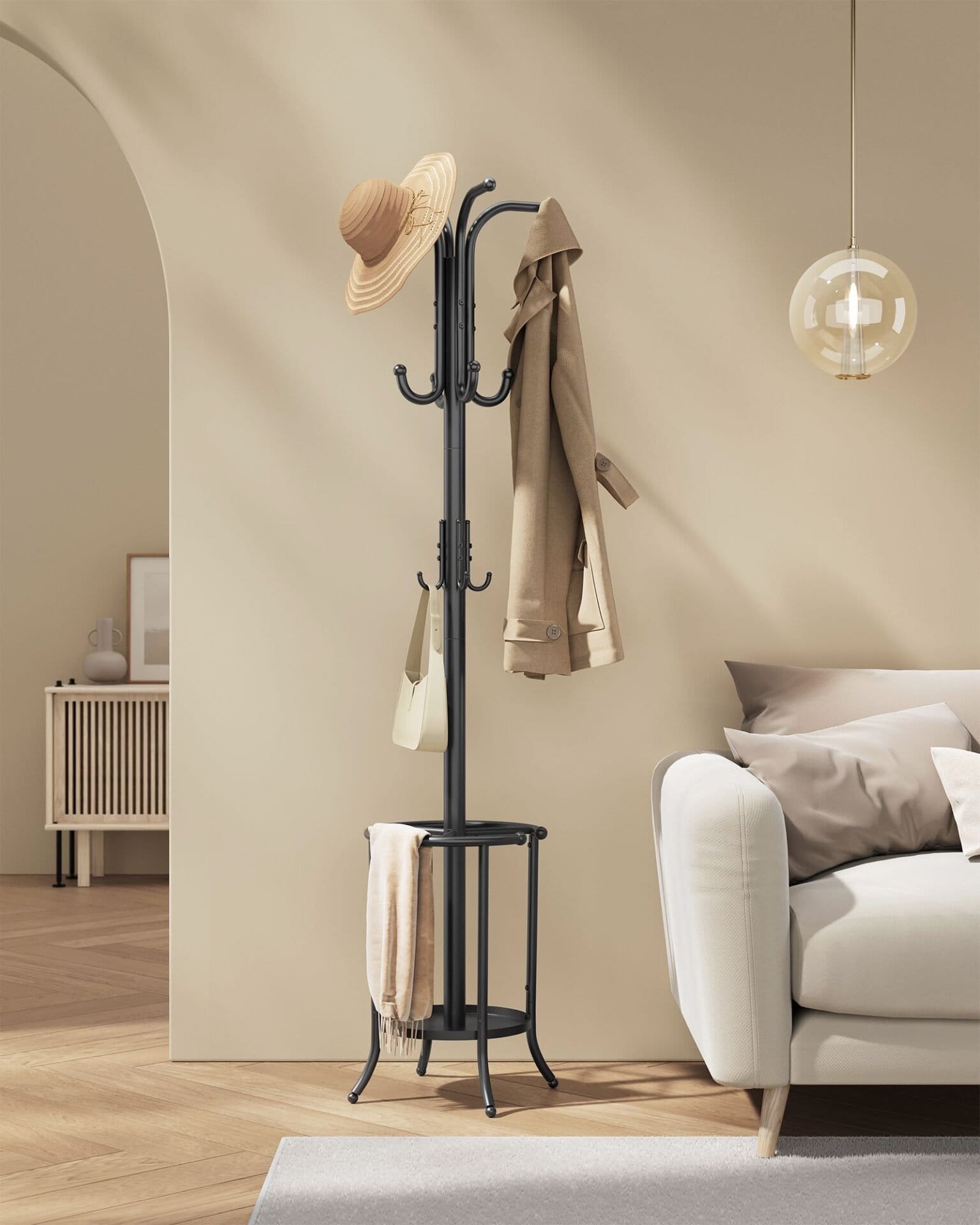 Fritstående tøjbøjle, tøjstativ med paraplyholder, 12 kroge, metal, 175 cm høj, blæk sort 7 Fritstående tøjbøjle, tøjstativ med paraplyholder, 12 kroge, metal, 175 cm høj, blæk sort - Billede 7