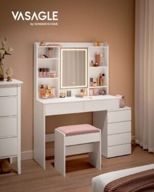 Led Belysning Toiletbord med Justerbar Lysstyrke Toiletbord med Spejl Kosmetisk Bord med Skuffer Åbne Rum Justerbare Hylder Moderne Sky Hvid Rdt624w01 - Image 3