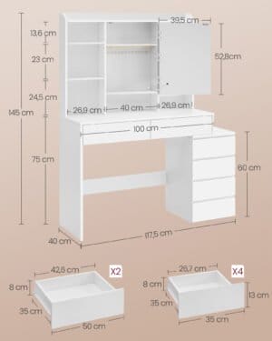 Led Belysning Toiletbord med Justerbar Lysstyrke Toiletbord med Spejl Kosmetisk Bord med Skuffer Åbne Rum Justerbare Hylder Moderne Sky Hvid Rdt624w01 - Image 6