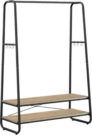 Tøjbøjle, garderobe med 2 hylder, 6 S-formede kroge, stålramme, turkisbrun og matsort