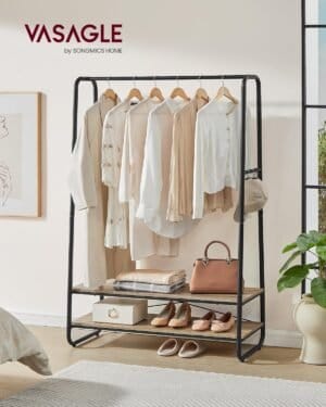 Tøjbøjle, garderobe med 2 hylder, 6 S-formede kroge, stålramme, turkisbrun og matsort - Image 2