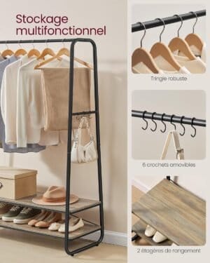 Tøjbøjle, garderobe med 2 hylder, 6 S-formede kroge, stålramme, turkisbrun og matsort - Image 6