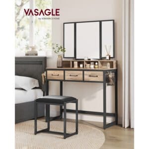 Vaskebord med polstret skammel, tredobbelt spejl, kosmetikbord, industriel stil, eg brun/sort - Image 2