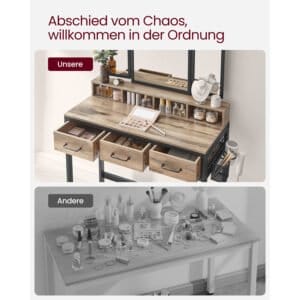 Vaskebord med polstret skammel, tredobbelt spejl, kosmetikbord, industriel stil, eg brun/sort - Image 7