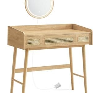 Toiletbord med spejl og lys, 3 skuffer, 3 farvenuancer, Bohemian Style, Soveværelse, Eg Beige