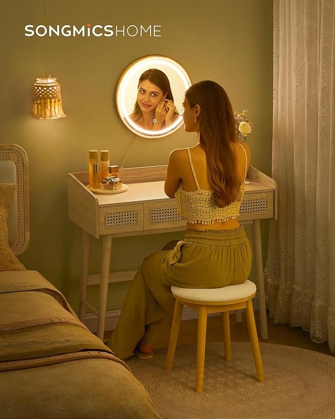 Toiletbord med spejl og lys, 3 skuffer, 3 farvenuancer, Bohemian Style, Soveværelse, Eg Beige 2 Toiletbord med spejl og lys, 3 skuffer, 3 farvenuancer, Bohemian Style, Soveværelse, Eg Beige - Billede 2