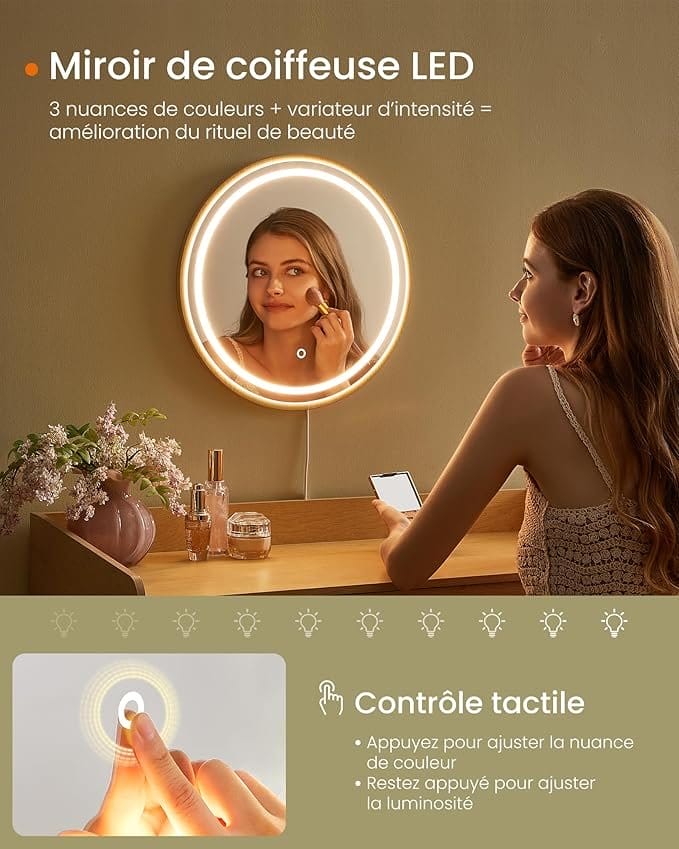 Toiletbord med spejl og lys, 3 skuffer, 3 farvenuancer, Bohemian Style, Soveværelse, Eg Beige 3 Toiletbord med spejl og lys, 3 skuffer, 3 farvenuancer, Bohemian Style, Soveværelse, Eg Beige - Billede 3