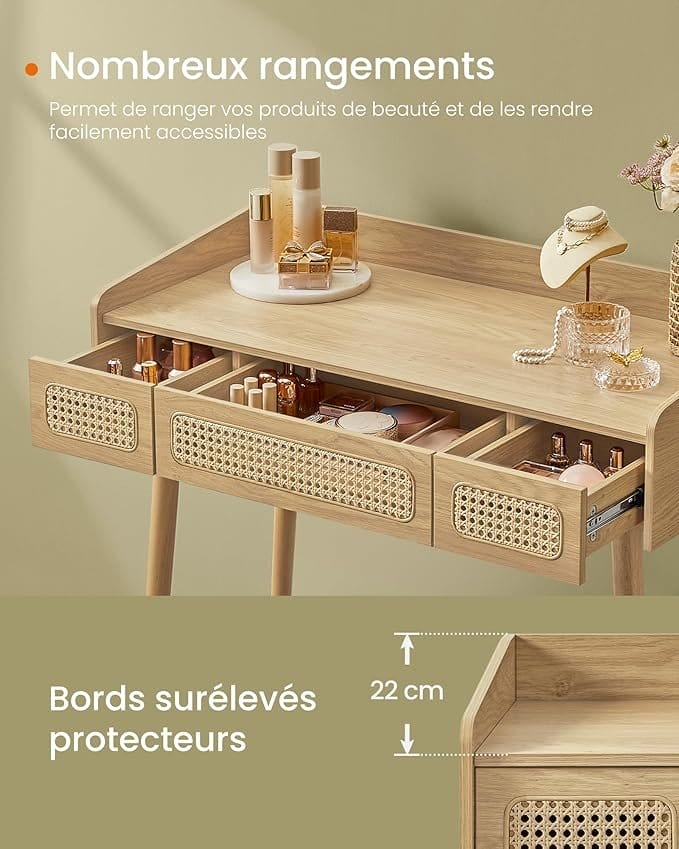 Toiletbord med spejl og lys, 3 skuffer, 3 farvenuancer, Bohemian Style, Soveværelse, Eg Beige 4 Toiletbord med spejl og lys, 3 skuffer, 3 farvenuancer, Bohemian Style, Soveværelse, Eg Beige - Billede 4