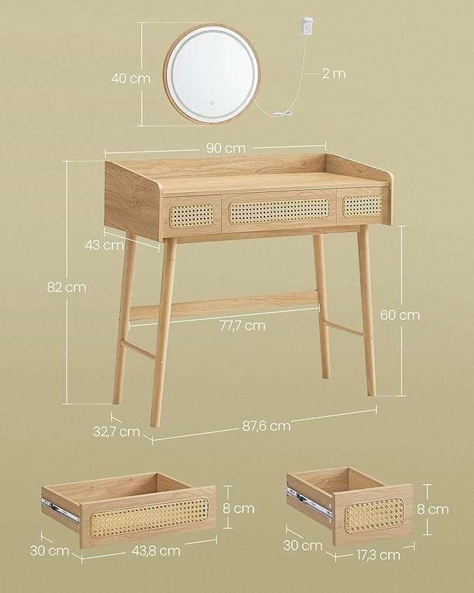 Toiletbord med spejl og lys, 3 skuffer, 3 farvenuancer, Bohemian Style, Soveværelse, Eg Beige 5 Toiletbord med spejl og lys, 3 skuffer, 3 farvenuancer, Bohemian Style, Soveværelse, Eg Beige - Billede 5