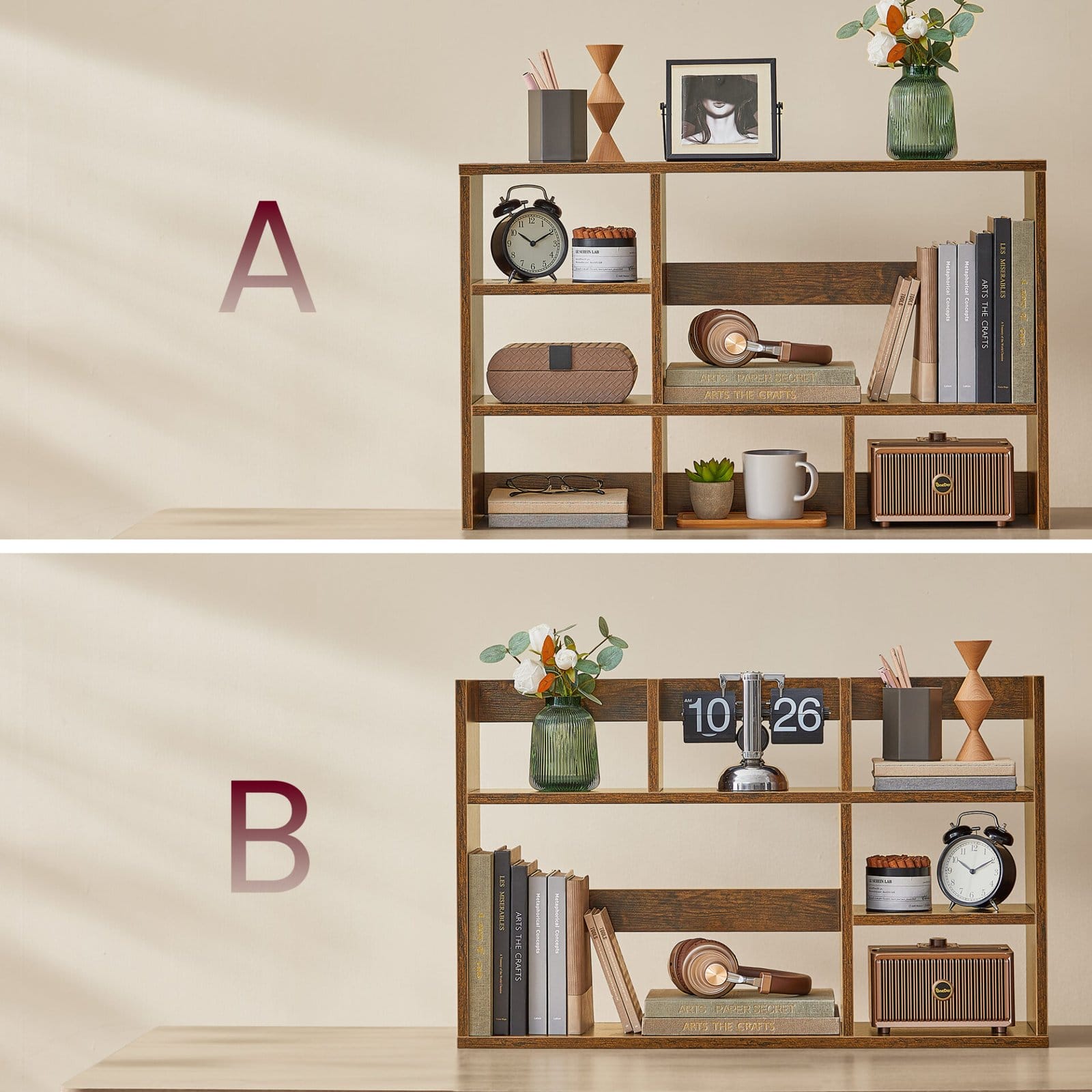 Skrivebordshylde, skrivebordsopbevaring i træ, Hutch med 6 hylder, 3-lags skrivebordsdisplayreol (rustenbrun) 4 Skrivebordshylde, skrivebordsopbevaring i træ, Hutch med 6 hylder, 3-lags skrivebordsdisplayreol (rustenbrun) - Billede 4