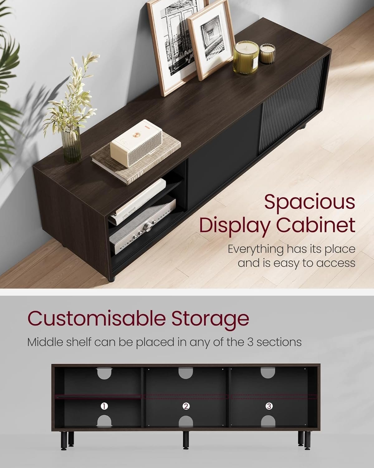 TV-bord 60 tommer TV, TV-møbel, riflet glas, 140 x 39 x 45 cm, askebrun og blæksort 5 TV-bord 60 tommer TV, TV-møbel, riflet glas, 140 x 39 x 45 cm, askebrun og blæksort - Billede 5