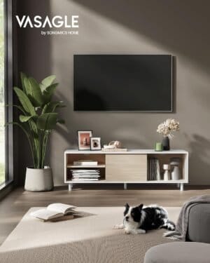 Værktøjsfri montering TV-bord for 60' TV, TV-skab til stue, riflet glas, Cloud White og Naturbeige - Image 2