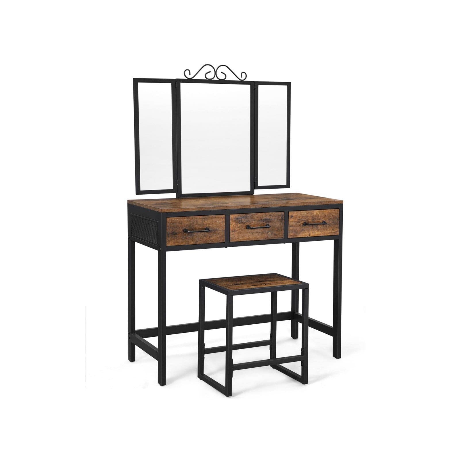 VASAGLE Dressing table with 7 Drawers, Makeup Table with Tri-Fold Necklace Hooked Mirror, 2 Brush Slots and 4 Open Compartments, Solid Wood Legs, Cushioned Stool, White RDT60WT 1 VASAGLE Dressing table with 7 Drawers, Makeup Table with Tri-Fold Necklace Hooked Mirror, 2 Brush Slots and 4 Open Compartments, Solid Wood Legs, Cushioned Stool, White RDT60WT
